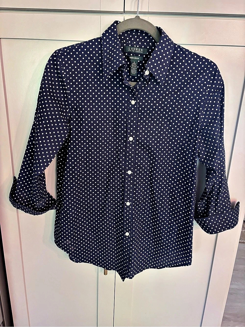 Lauren Ralph Lauren Non-Iron Polka Dot Cotton Shirt Blue & White Small